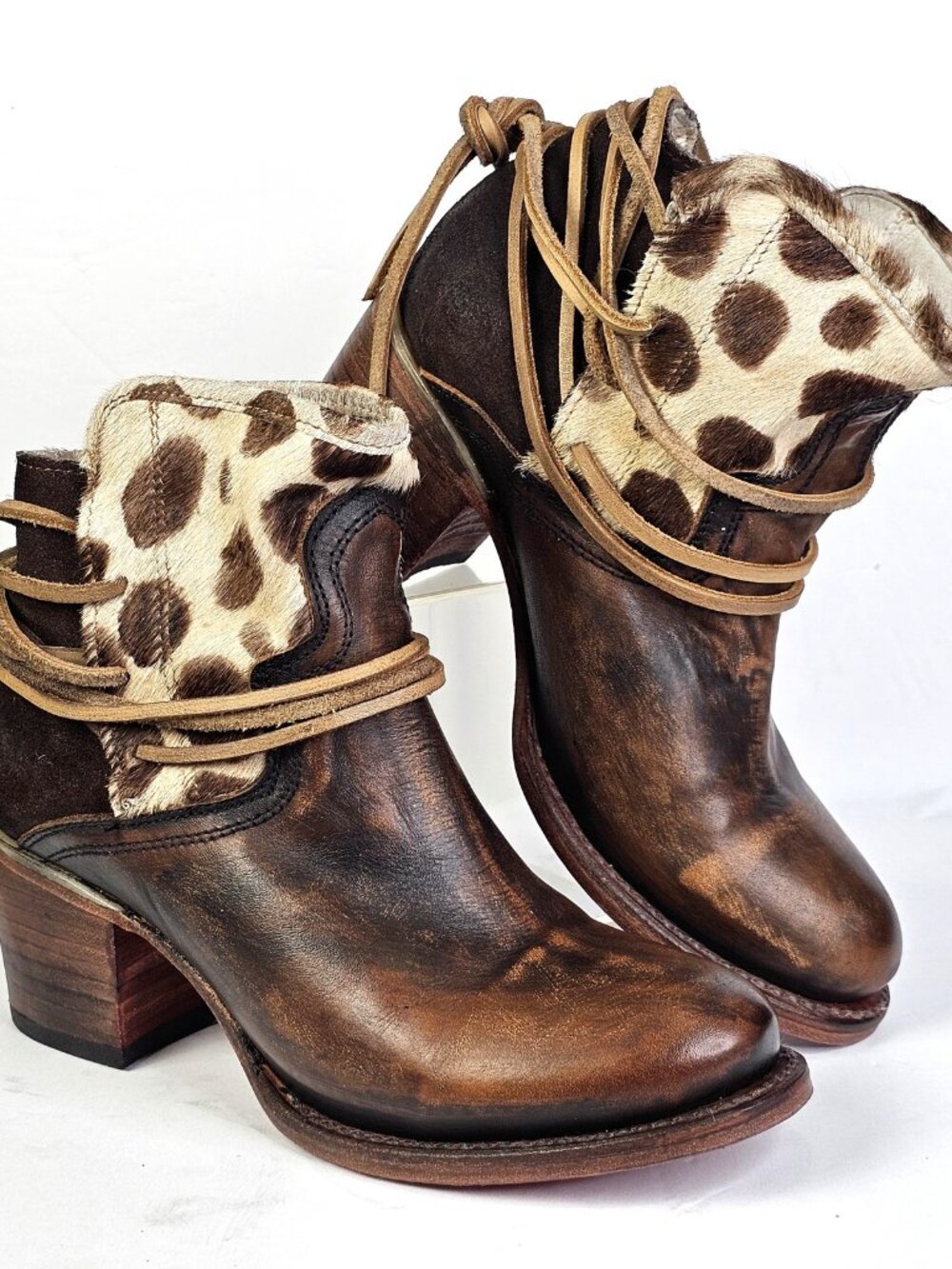 Freebird By Steven Casey US 8.5 Leather Haircalf Tassle Brown Ankle Boots